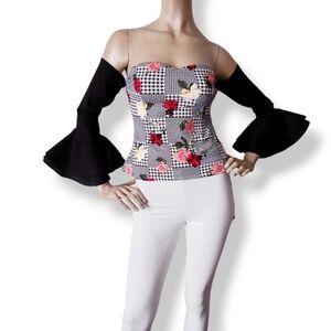 Floral & Houndstooth Print Off Shoulder Sweetheart Neckline Top by B.C.B.E